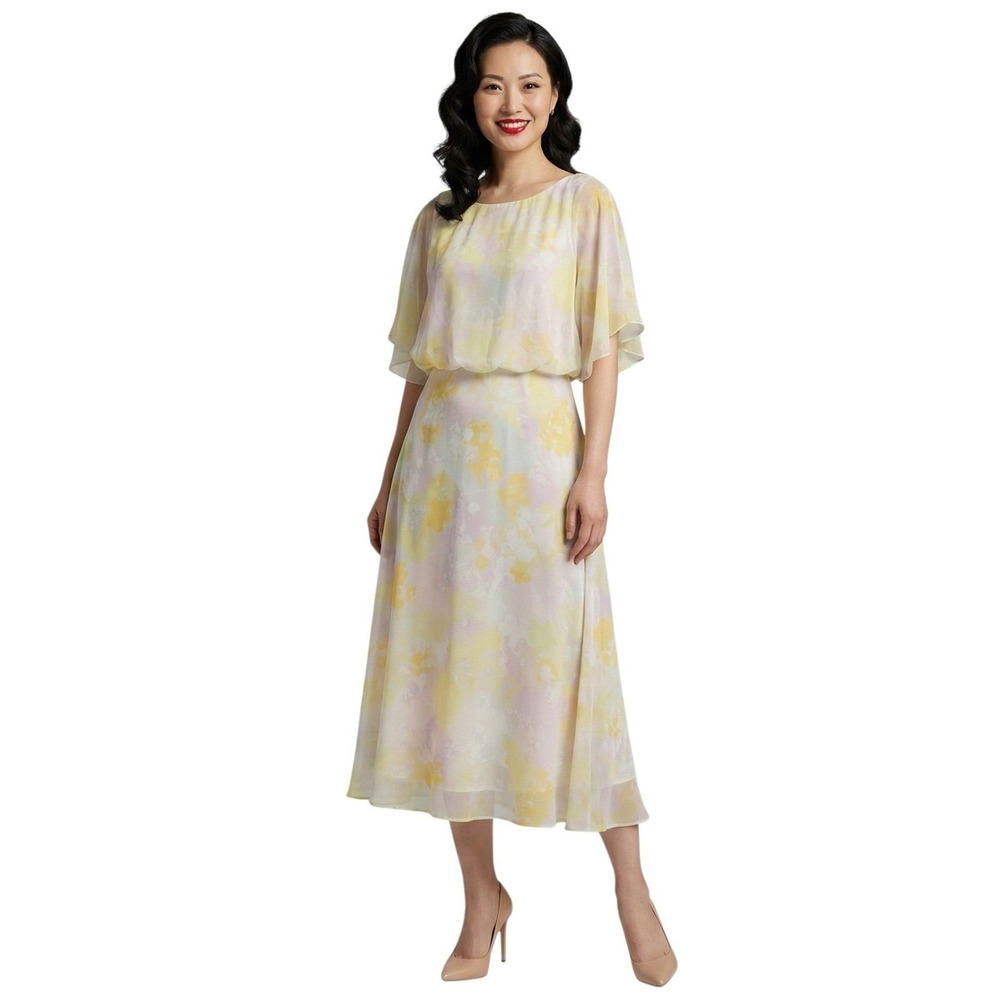 ModCloth Floral Watercolor Capelet Midi Dress Yellow Lavender Chiffon Size M